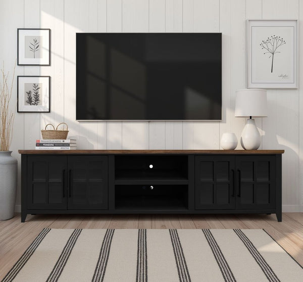 English Elm Ithaca 96 Inch Farmhouse Coastal Entertainment Console with Glass X-pane Doors Fully Assembled Black B108P427298