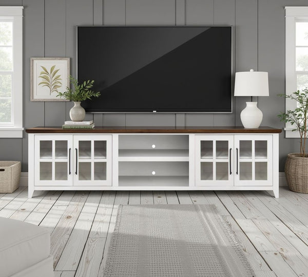 English Elm Ithaca 96 Inch Farmhouse Coastal Entertainment Console with Glass X-pane Doors Fully Assembled White B108P427299
