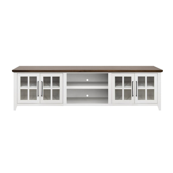 English Elm Ithaca 96 Inch Farmhouse Coastal Entertainment Console with Glass X-pane Doors Fully Assembled White B108P427299