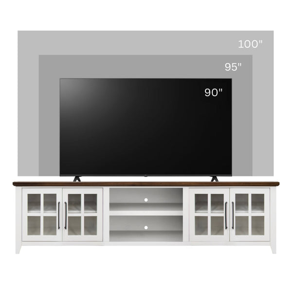 English Elm Ithaca 96 Inch Farmhouse Coastal Entertainment Console with Glass X-pane Doors Fully Assembled White B108P427299