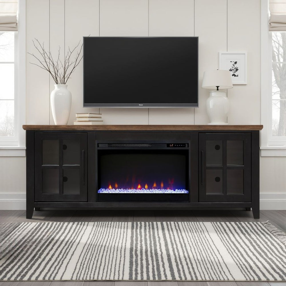 English Elm Ithaca Coastal Farmhouse Fireplace Tv Stand with Knotty Alder Top for Living Rooms Black B108P427300