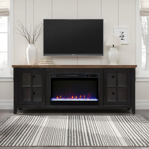 English Elm Ithaca Coastal Farmhouse Fireplace Tv Stand with Knotty Alder Top for Living Rooms Black B108P427300