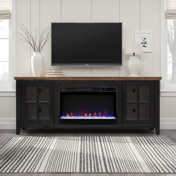 English Elm Ithaca Coastal Farmhouse Fireplace Tv Stand with Knotty Alder Top for Living Rooms Black B108P427300