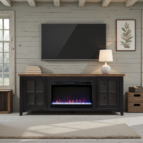 English Elm Ithaca Coastal Farmhouse Fireplace Tv Stand with Knotty Alder Top for Living Rooms Black B108P427300