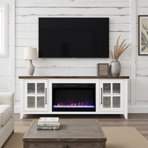 English Elm Ithaca Coastal Farmhouse Fireplace Tv Stand with Knotty Alder Top for Living Rooms White B108P427301