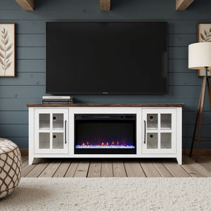 English Elm Ithaca Coastal Farmhouse Fireplace Tv Stand with Knotty Alder Top for Living Rooms White B108P427301
