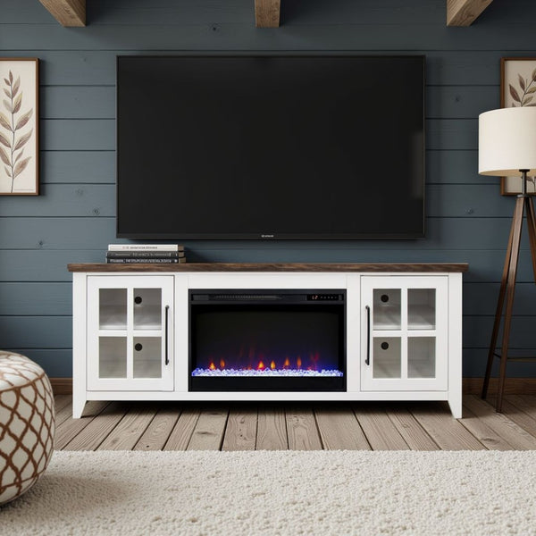 English Elm Ithaca Coastal Farmhouse Fireplace Tv Stand with Knotty Alder Top for Living Rooms White B108P427301
