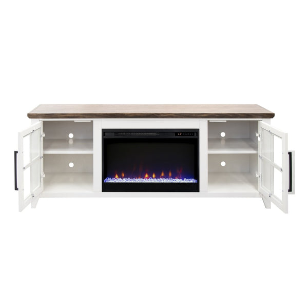 English Elm Ithaca Coastal Farmhouse Fireplace Tv Stand with Knotty Alder Top for Living Rooms White B108P427301