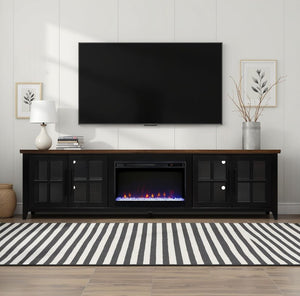 English Elm Ithaca 96 Inch Farmhouse Electric Fireplace Tv Stand with Glass Door Storage Black B108P427302