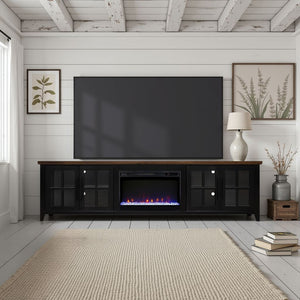 English Elm Ithaca 96 Inch Farmhouse Electric Fireplace Tv Stand with Glass Door Storage Black B108P427302