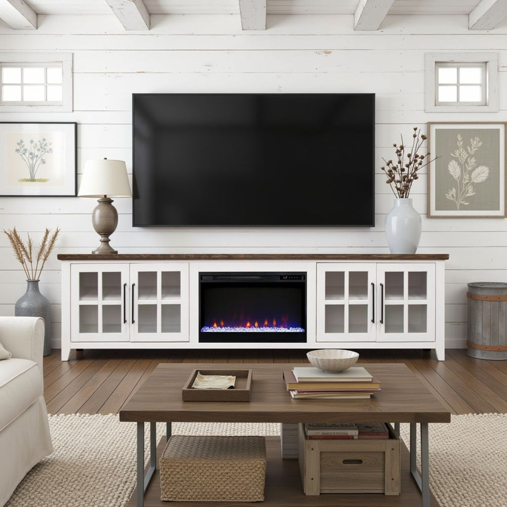English Elm Ithaca 96 Inch Farmhouse Electric Fireplace Tv Stand with Glass Door Storage White B108P427303