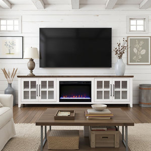 English Elm Ithaca 96 Inch Farmhouse Electric Fireplace Tv Stand with Glass Door Storage White B108P427303