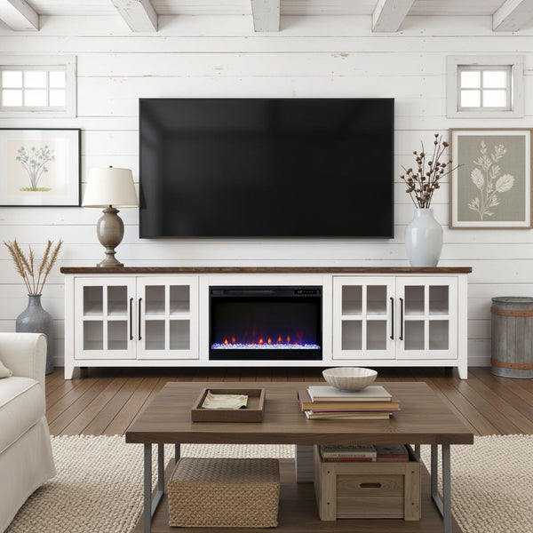 English Elm Ithaca 96 Inch Farmhouse Electric Fireplace Tv Stand with Glass Door Storage White B108P427303
