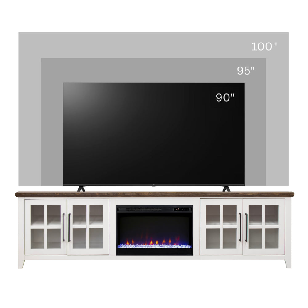 English Elm Ithaca 96 Inch Farmhouse Electric Fireplace Tv Stand with Glass Door Storage White B108P427303