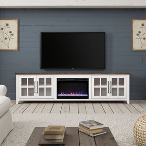 English Elm Ithaca 96 Inch Farmhouse Electric Fireplace Tv Stand with Glass Door Storage White B108P427303
