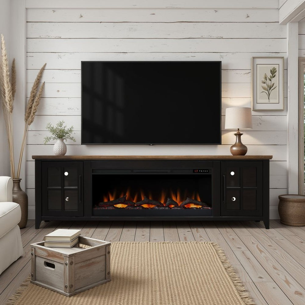 English Elm Ithaca 83 Inch Electric Fireplace Tv Stand Coastal Farmhouse Knotty Alder Console Black B108P427304