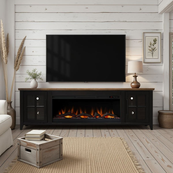 English Elm Ithaca 83 Inch Electric Fireplace Tv Stand Coastal Farmhouse Knotty Alder Console Black B108P427304