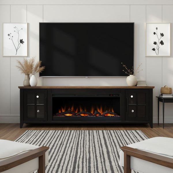 English Elm Ithaca 83 Inch Electric Fireplace Tv Stand Coastal Farmhouse Knotty Alder Console Black B108P427304