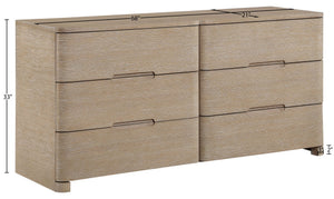 Meridian Furniture Caswell Art Deco Oak Veneer Six Drawer Dresser with Curved Fronts and Soft Close Drawers Natural B1203-D