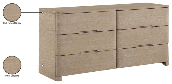 Meridian Furniture Caswell Art Deco Oak Veneer Six Drawer Dresser with Curved Fronts and Soft Close Drawers Natural B1203-D