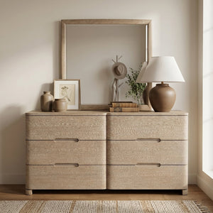 Meridian Furniture Caswell Art Deco Oak Veneer Six Drawer Dresser with Curved Fronts and Soft Close Drawers Natural B1203-D