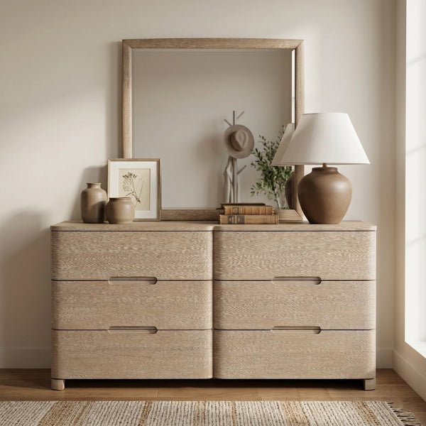 Meridian Furniture Caswell Art Deco Oak Veneer Six Drawer Dresser with Curved Fronts and Soft Close Drawers Natural B1203-D