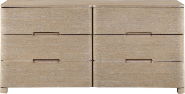 Meridian Furniture Caswell Art Deco Oak Veneer Six Drawer Dresser with Curved Fronts and Soft Close Drawers Natural B1203-D