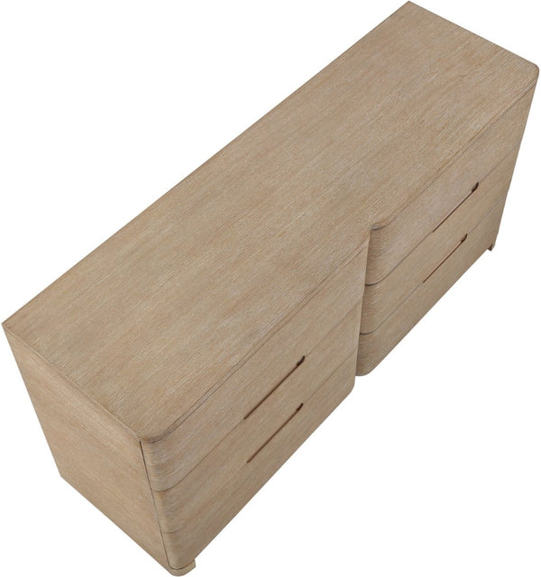 Meridian Furniture Caswell Art Deco Oak Veneer Six Drawer Dresser with Curved Fronts and Soft Close Drawers Natural B1203-D