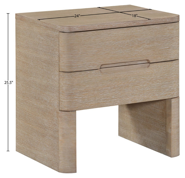 Meridian Furniture Caswell Art Deco Oak Veneer Nightstand with Cerused Grain and Soft Close Drawers for Bedroom Natural B1203-NS