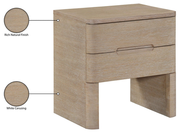 Meridian Furniture Caswell Art Deco Oak Veneer Nightstand with Cerused Grain and Soft Close Drawers for Bedroom Natural B1203-NS