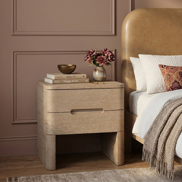 Meridian Furniture Caswell Art Deco Oak Veneer Nightstand with Cerused Grain and Soft Close Drawers for Bedroom Natural B1203-NS