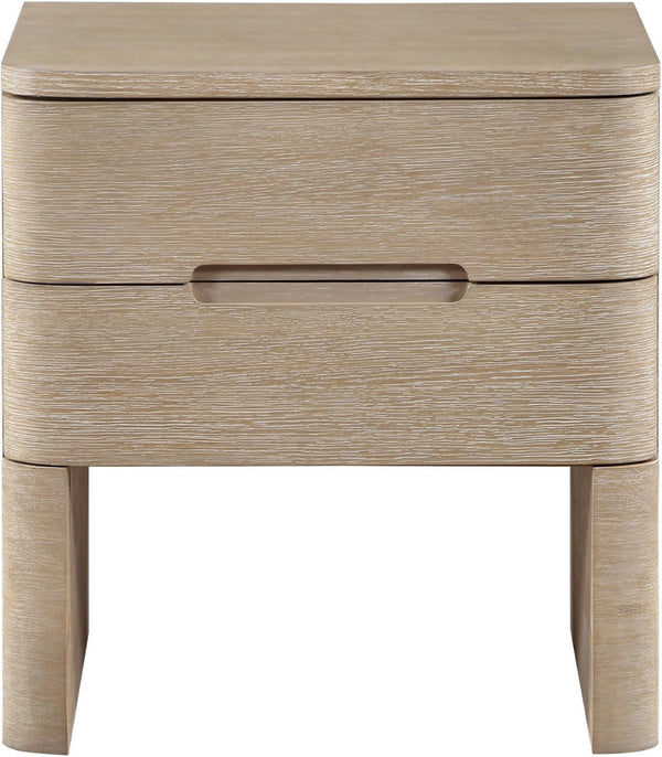 Meridian Furniture Caswell Art Deco Oak Veneer Nightstand with Cerused Grain and Soft Close Drawers for Bedroom Natural B1203-NS