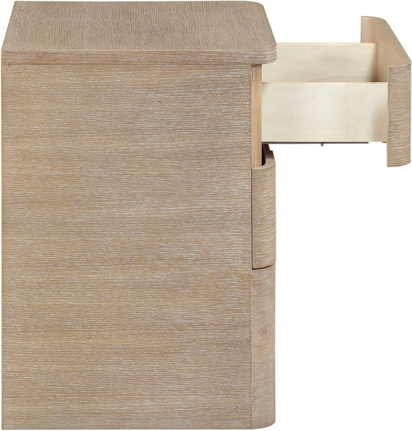Meridian Furniture Caswell Art Deco Oak Veneer Nightstand with Cerused Grain and Soft Close Drawers for Bedroom Natural B1203-NS