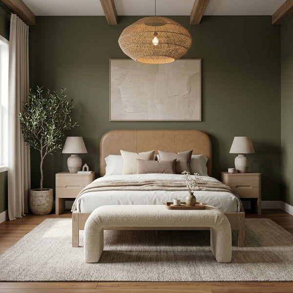 Meridian Furniture Caswell Full Bed Art Deco Frame with Vegan Leather Headboard and Wood Tone Finish Bedroom Style Natural B1203Tan-F
