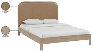 Meridian Furniture Caswell Art Deco King Platform Bed Vegan Leather Curved Headboard and Oak Veneer Wood Frame Natural B1203Tan-K