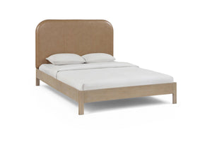 Meridian Furniture Caswell Art Deco King Platform Bed Vegan Leather Curved Headboard and Oak Veneer Wood Frame Natural B1203Tan-K
