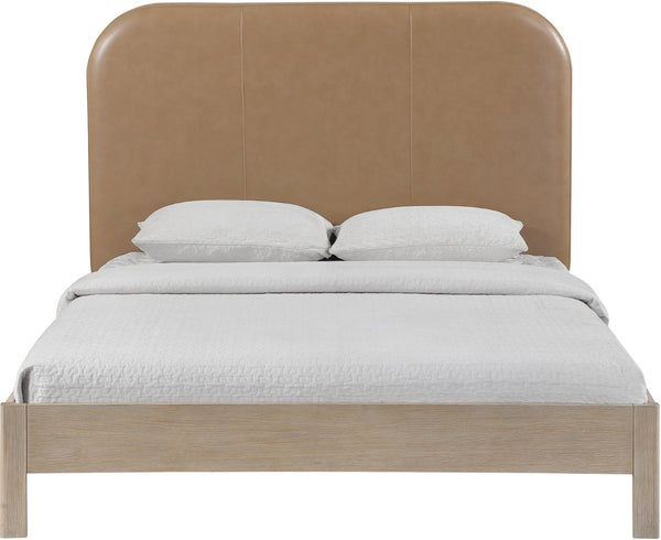 Meridian Furniture Caswell Art Deco King Platform Bed Vegan Leather Curved Headboard and Oak Veneer Wood Frame Natural B1203Tan-K