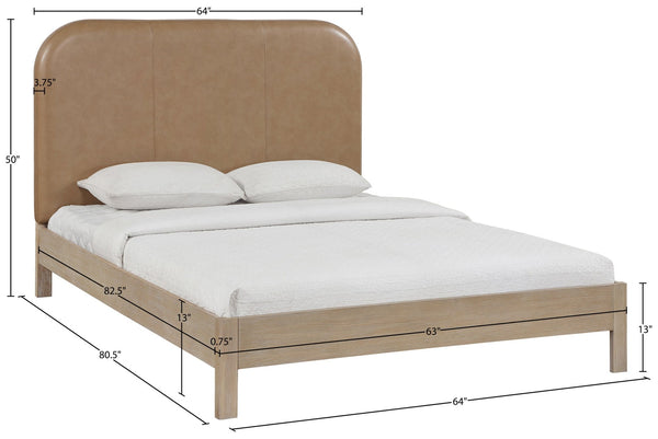 Meridian Furniture Caswell Queen Bed Curved Vegan Leather Headboard and Oak Veneer Art Deco Bedroom Style Natural B1203Tan-Q