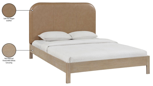 Meridian Furniture Caswell Queen Bed Curved Vegan Leather Headboard and Oak Veneer Art Deco Bedroom Style Natural B1203Tan-Q