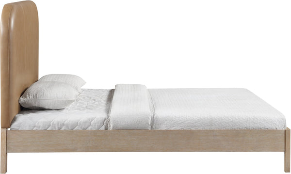 Meridian Furniture Caswell Queen Bed Curved Vegan Leather Headboard and Oak Veneer Art Deco Bedroom Style Natural B1203Tan-Q