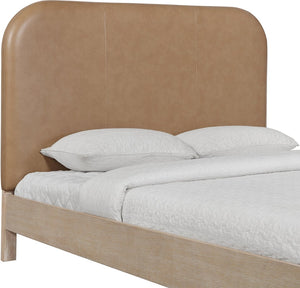 Meridian Furniture Caswell Queen Bed Curved Vegan Leather Headboard and Oak Veneer Art Deco Bedroom Style Natural B1203Tan-Q