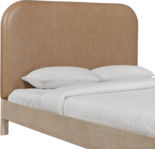 Meridian Furniture Caswell Queen Bed Curved Vegan Leather Headboard and Oak Veneer Art Deco Bedroom Style Natural B1203Tan-Q