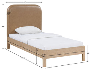 Meridian Furniture Caswell Twin Bed Vegan Leather Upholstered Art Deco Wood Veneer Frame for Modern Bedroom Style Natural B1203Tan-T