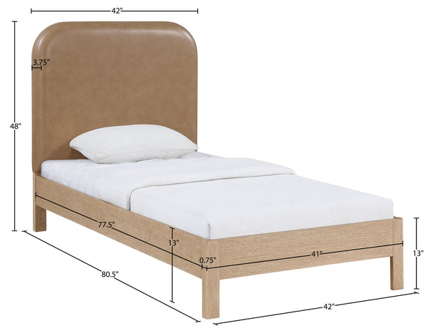 Meridian Furniture Caswell Twin Bed Vegan Leather Upholstered Art Deco Wood Veneer Frame for Modern Bedroom Style Natural B1203Tan-T