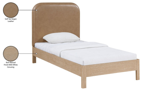 Meridian Furniture Caswell Twin Bed Vegan Leather Upholstered Art Deco Wood Veneer Frame for Modern Bedroom Style Natural B1203Tan-T