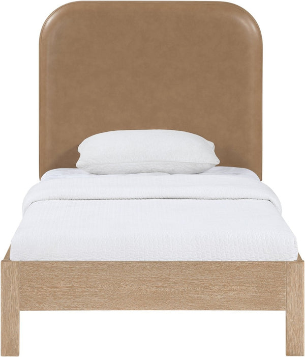 Meridian Furniture Caswell Twin Bed Vegan Leather Upholstered Art Deco Wood Veneer Frame for Modern Bedroom Style Natural B1203Tan-T