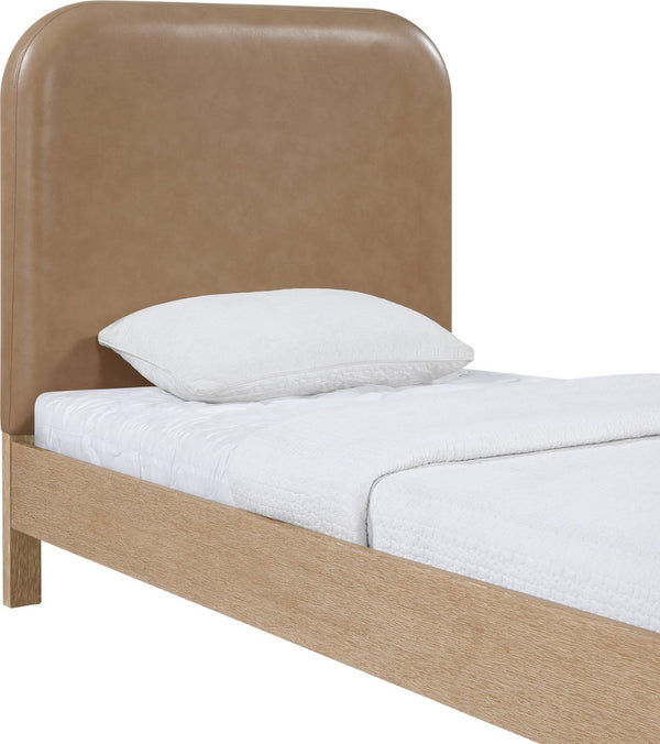 Meridian Furniture Caswell Twin Bed Vegan Leather Upholstered Art Deco Wood Veneer Frame for Modern Bedroom Style Natural B1203Tan-T