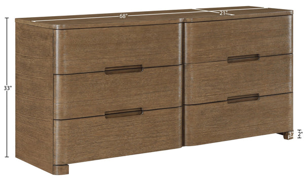 Meridian Furniture Caswell Art Deco Oak Veneer Six Drawer Dresser with Curved Fronts and Soft Close Drawers Brown B1204-D