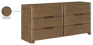 Meridian Furniture Caswell Art Deco Oak Veneer Six Drawer Dresser with Curved Fronts and Soft Close Drawers Brown B1204-D