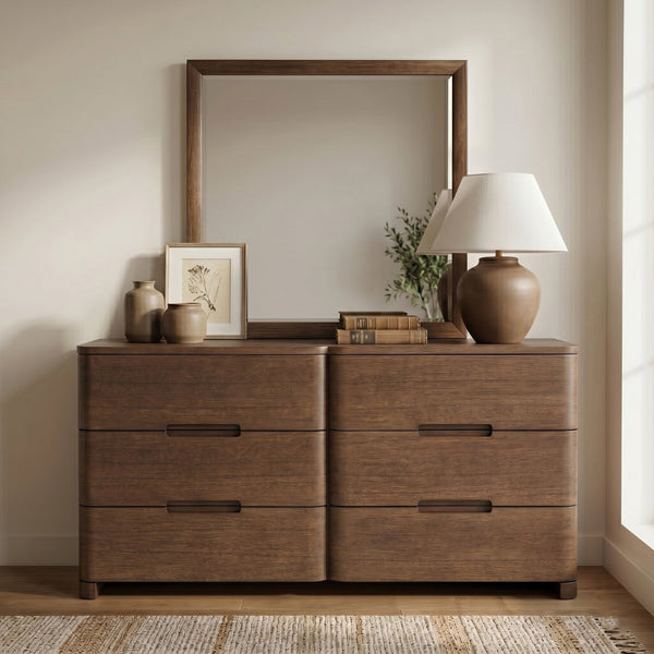 Meridian Furniture Caswell Art Deco Oak Veneer Six Drawer Dresser with Curved Fronts and Soft Close Drawers Brown B1204-D